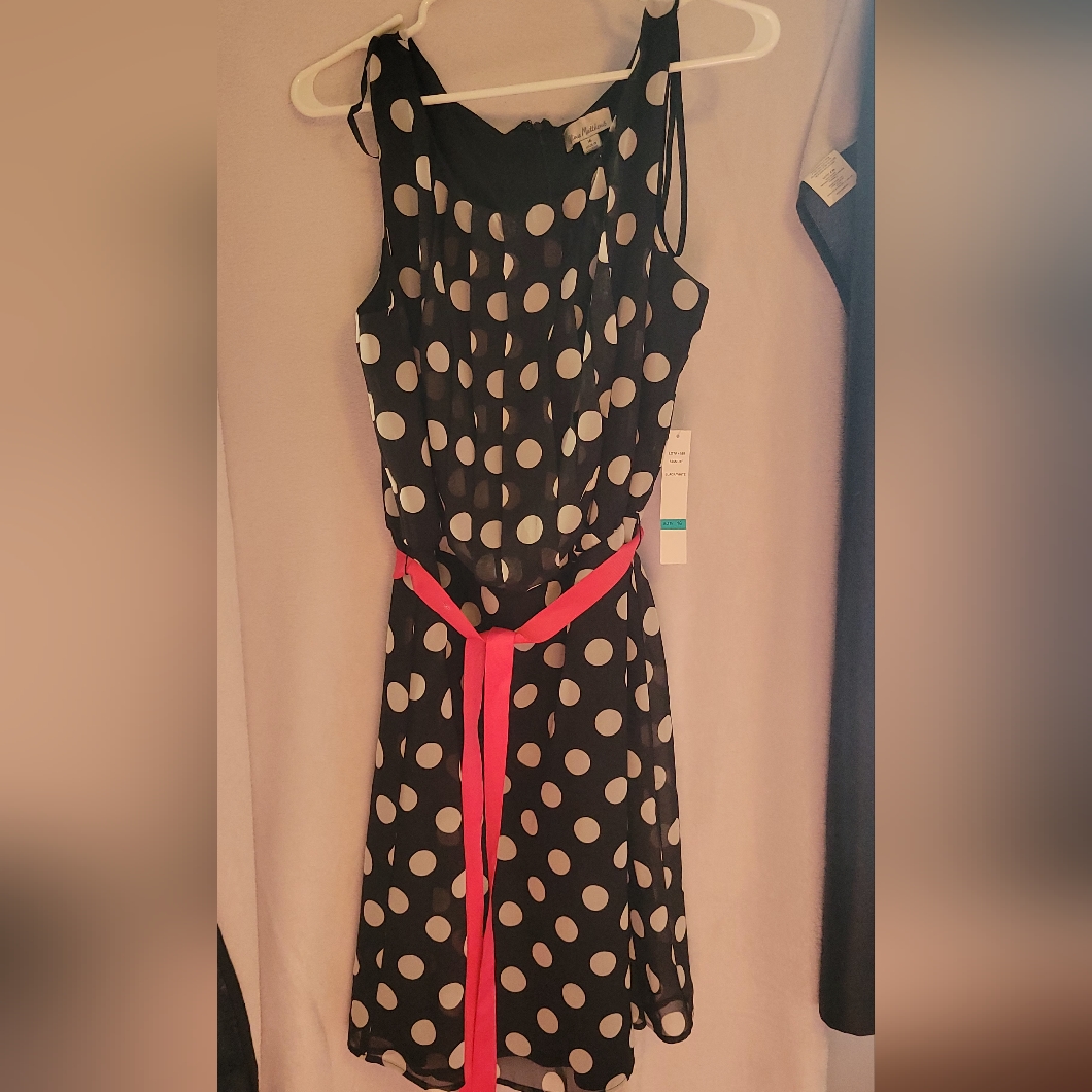Polka Dot Sleeveless Dress With Pink Belt